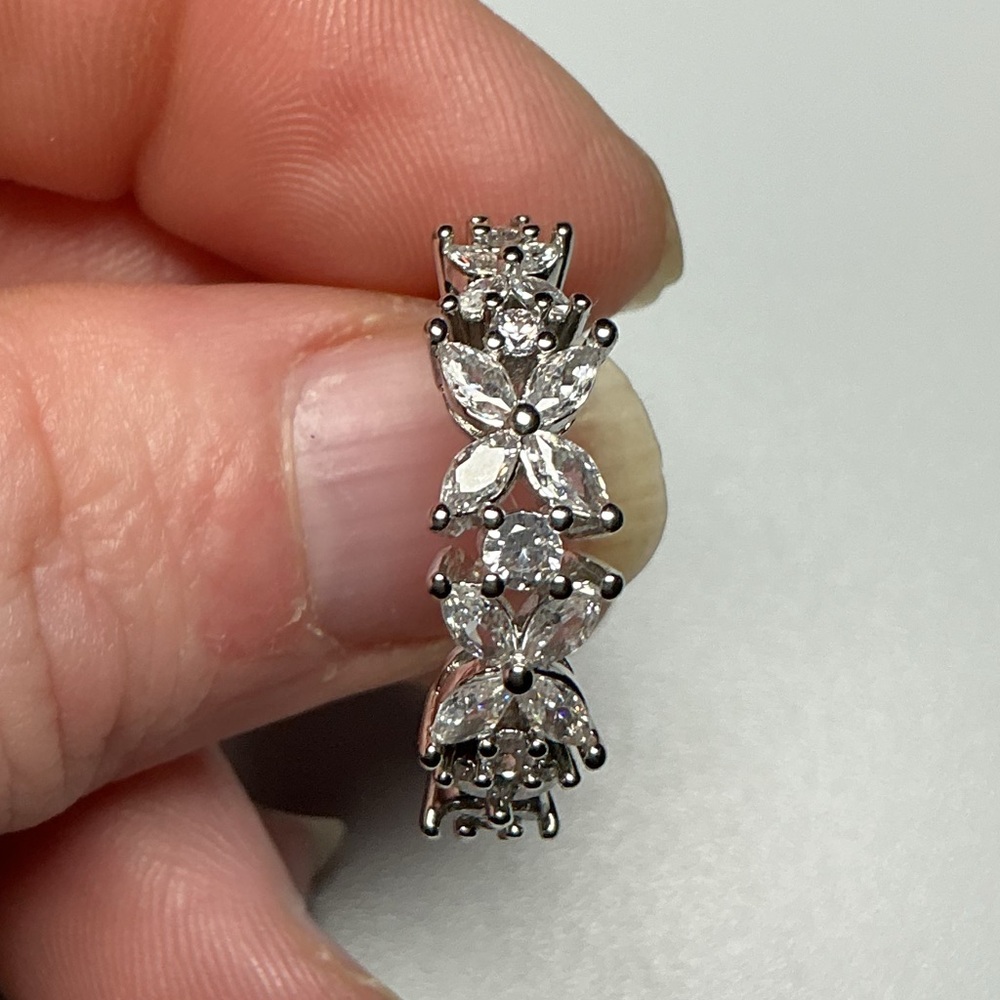Silver Filled Floral Band W/  Marquis & Brilliant Cz Diamond Flowers